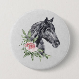 Porträtt Watercolor för den vackra Black Horse Hea Knapp
