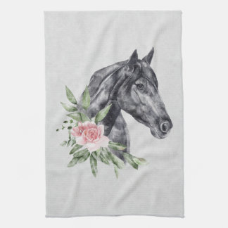 Porträtt Watercolor för den vackra Black Horse Hea Kökshandduk