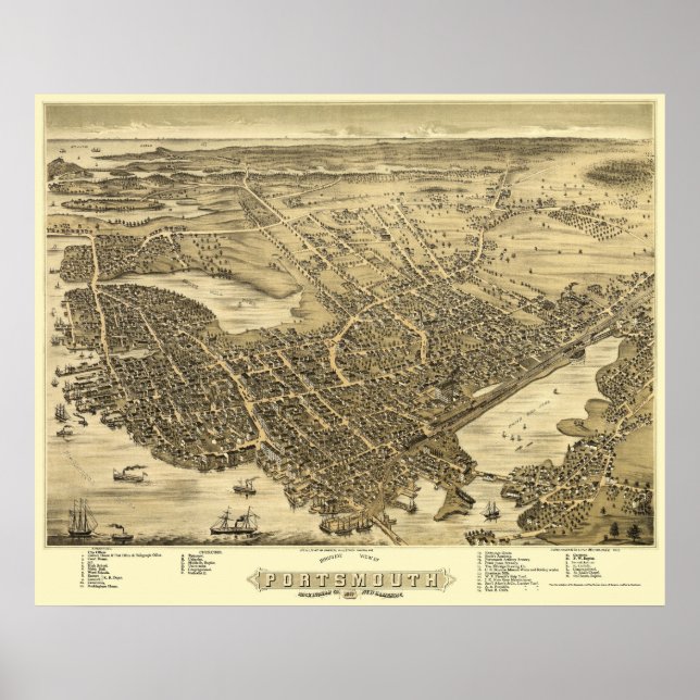Portsmouth, NH Panoramic Karta - 1877 Poster (Framsidan)