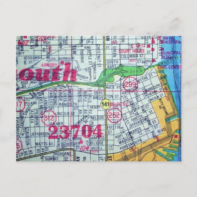 Portsmouth, VA Vintage Karta Vykort (Framsida)