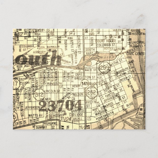 Portsmouth, VA Vintage Karta Vykort (Framsida)