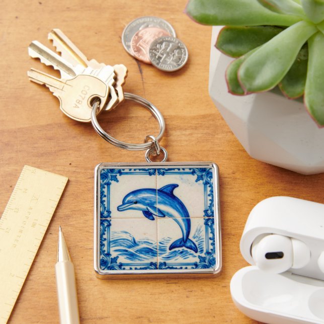Portugal Azulejo Dolphin Ceramic Tile Style Keycha Fyrkantig Silverfärgad Nyckelring (Skrivbord)