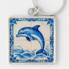 Portugal Azulejo Dolphin Ceramic Tile Style Keycha Fyrkantig Silverfärgad Nyckelring