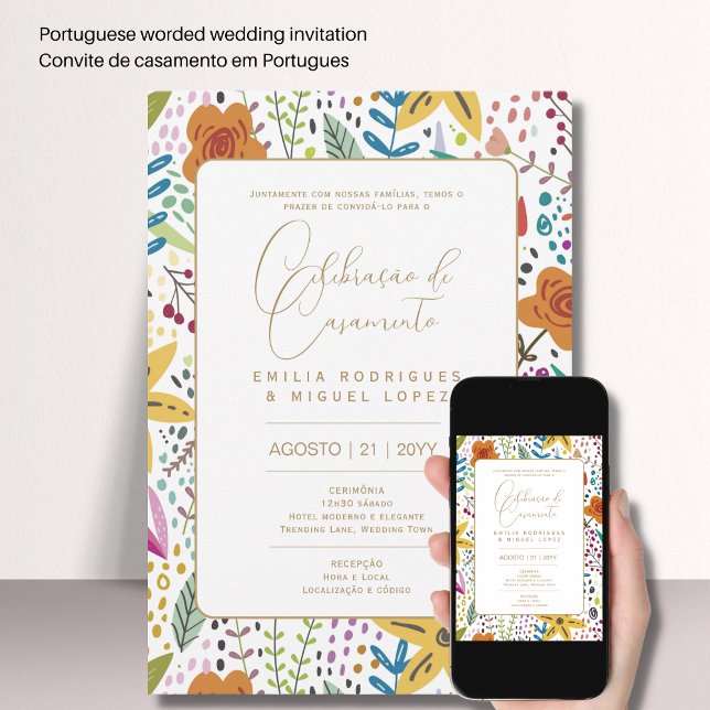 Portugal | Casamento Blommigt Folkart Rústico Inv Inbjudningar (Skapare uppladdad)