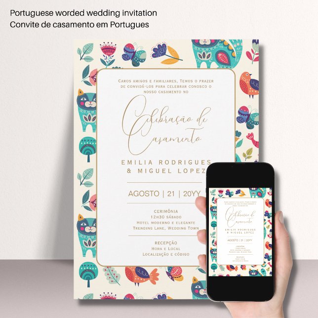 Portugal | Casamento Blommigt Folkart Rústico Inv Inbjudningar (Skapare uppladdad)