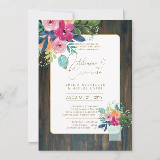 Portugal | Casamento Flores Folclóricas Rústica Inbjudningar (Framsida)