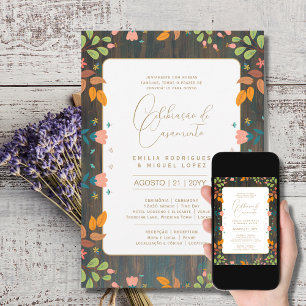 Portugal   Casamento Flores Folclóricas Rústica Inbjudningar