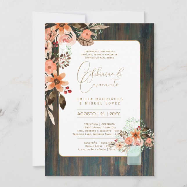 Portugal | Casamento Flores Folclóricas Rústica Inbjudningar (Framsida)