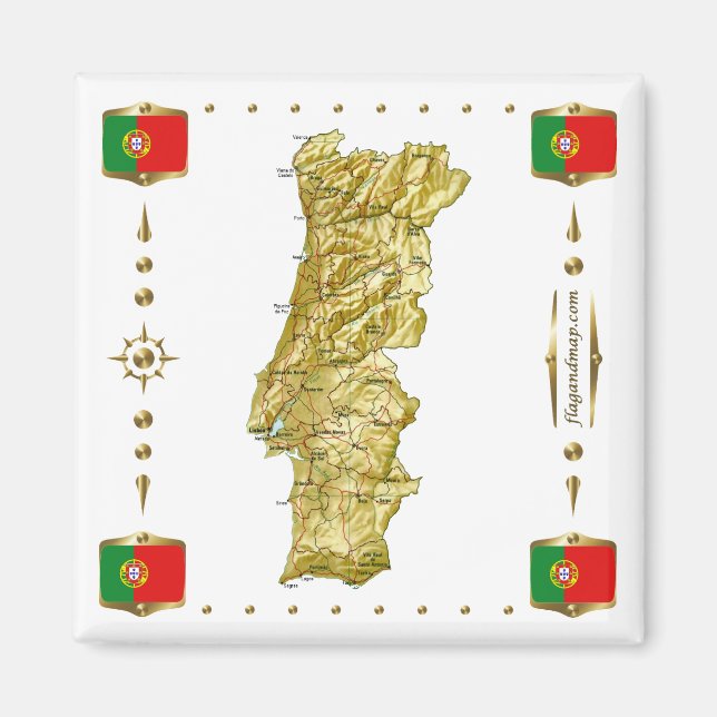 Portugal Karta + Flaggor Magnet (Framsidan)