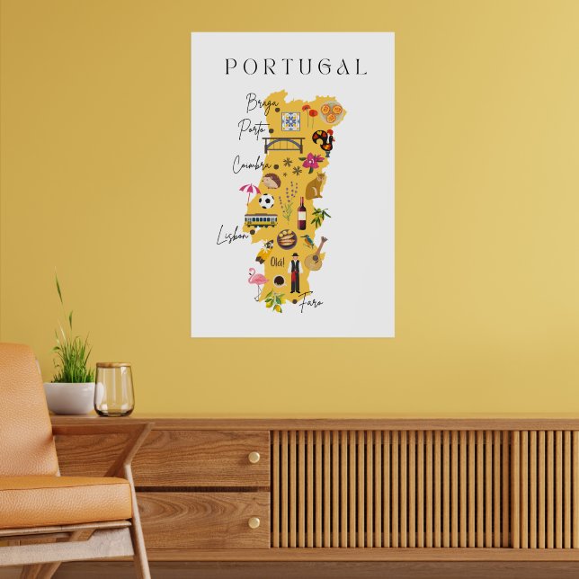 Portugal karta med storstäder och olika symboler poster (Vardagsrum 2)