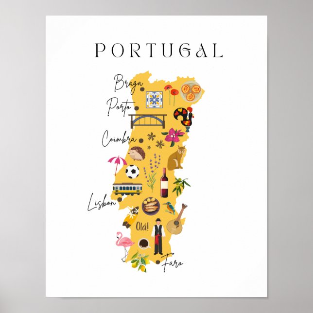 Portugal karta med storstäder och olika symboler poster (Framsidan)