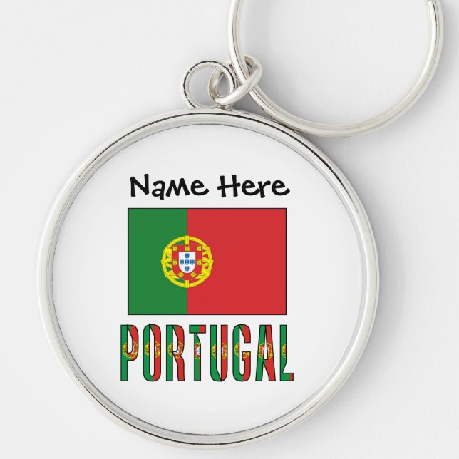 Portugal och portugisiska Flagga med ditt namn Rund Silverfärgad Nyckelring (Framsidan)