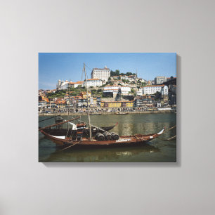 Portugal, Porto, Boat With Vin Barrels Canvastryck