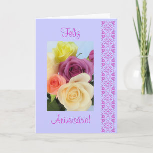 Portugis: Feliz Aniversario! rosas - födelsedag Az Kort