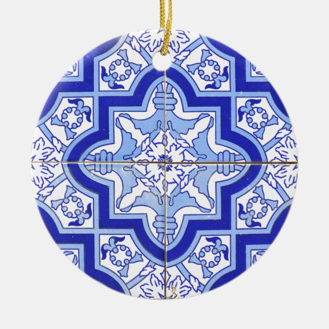 Portugisen belägger med tegel blått och vit julgransprydnad keramik (Framsidan)