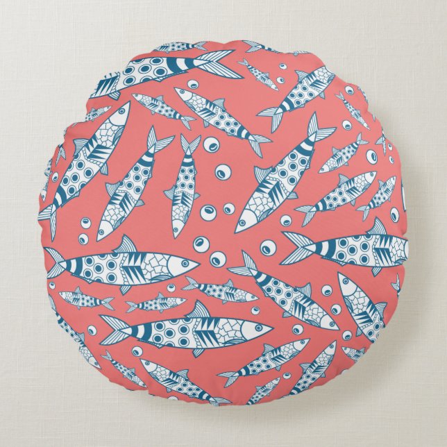 Portugisisk Lissabon Sardinien Mönster Azulejos Ro Rund Kudde (Framsidan)