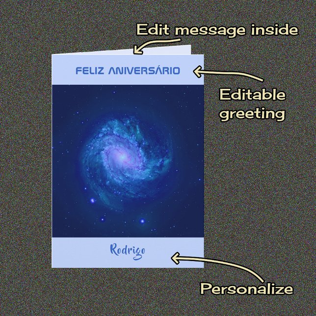 Portugisisk text spiral galaxy Blue födelsedag Kort (Skapare uppladdad)