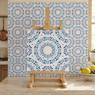 Portugisiska Azulejo Blå Vit Blommig Mandala Kakelplatta