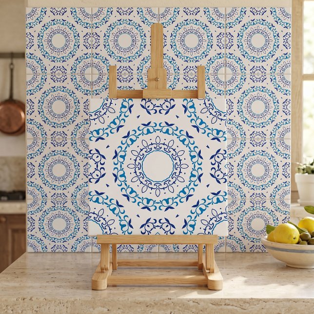 Portugisiska Azulejo Blå Vit Blommig Mandala Kakelplatta (Skapare uppladdad)