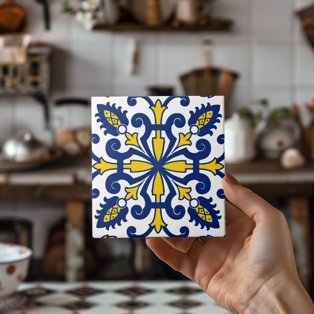 Portugisiska Azulejo Classic Decorative Blue-Gulte Kakelplatta (Portuguese Azulejo Classic Decorative Blue Yellow Ceramic Tile)