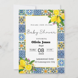 Portugisiska Azulejo Lemon Tiles Baby Shower Inbjudningar