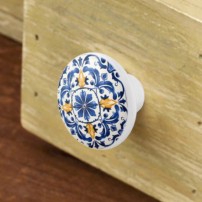 Portugisiska Azulejo Mönster Blue White Gult Knopp (Skapare uppladdad)