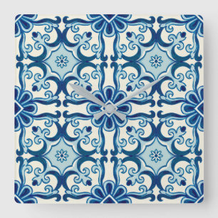 Portugisiska Azulejos Blue Blommigt Tile Mönster Fyrkantig Klocka