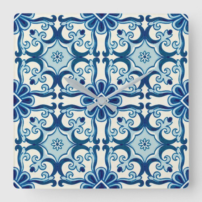 Portugisiska Azulejos Blue Blommigt Tile Mönster Fyrkantig Klocka (Framsida)