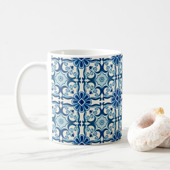 Portugisiska Azulejos Blue Blommigt Tile Mönster Kaffemugg (Med munk)