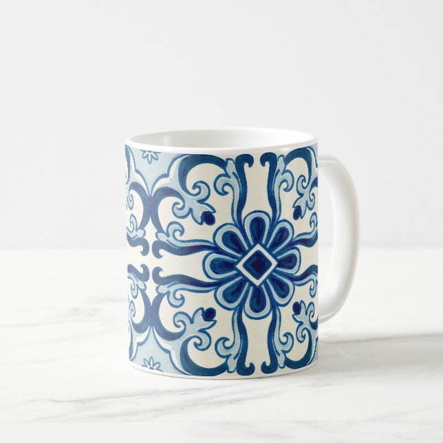Portugisiska Azulejos Blue Blommigt Tile Mönster Kaffemugg (Framsida höger)
