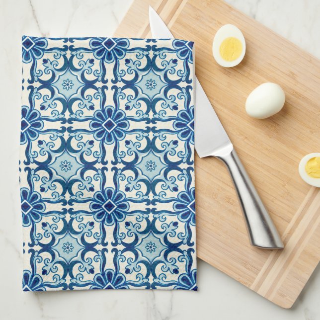 Portugisiska Azulejos Blue Blommigt Tile Mönster Kökshandduk (Vikt i Fjärdedel)