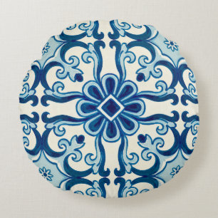 Portugisiska Azulejos Blue Blommigt Tile Mönster Rund Kudde