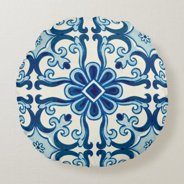 Portugisiska Azulejos Blue Blommigt Tile Mönster Rund Kudde (Framsidan)