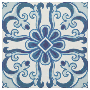 Portugisiska Azulejos Blue Blommigt Tile Mönster Tyg
