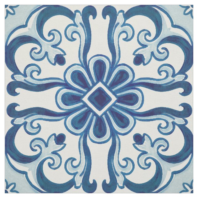 Portugisiska Azulejos Blue Blommigt Tile Mönster Tyg (Provkarta)