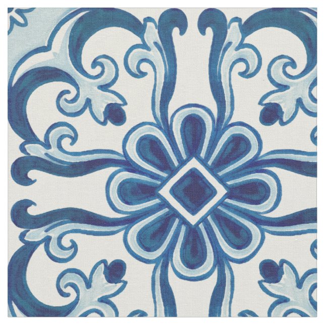 Portugisiska Azulejos Blue Blommigt Tile Mönster Tyg (Närbild)