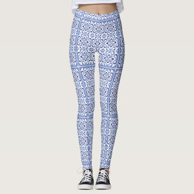 Portugisiska Blue Azulejo Tile Art Leggings (Framsida)