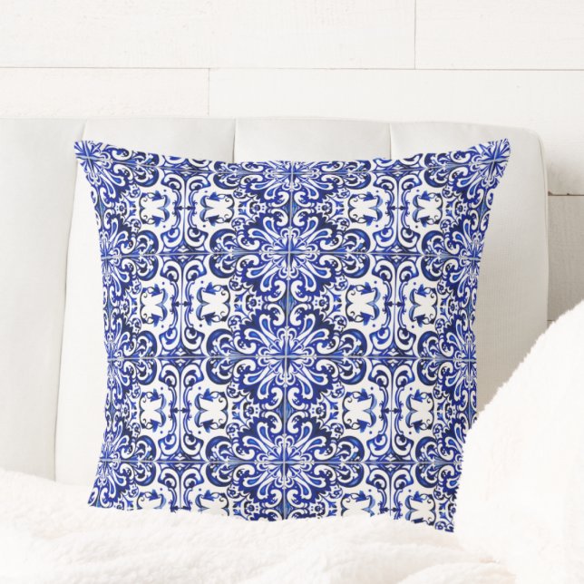 Portugisiska Blue Azulejo Tile Mönster Dekorativ k Kudde (Skapare uppladdad)