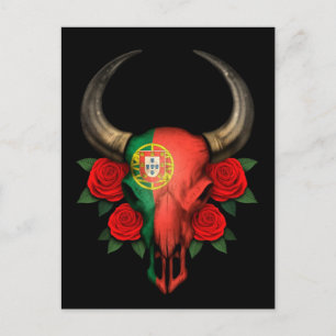Portugisiska Flagga Bull Skull med Röd ros Vykort