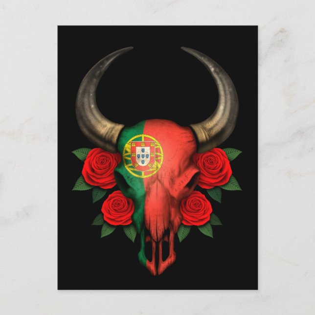 Portugisiska Flagga Bull Skull med Röd ros Vykort (Framsida)