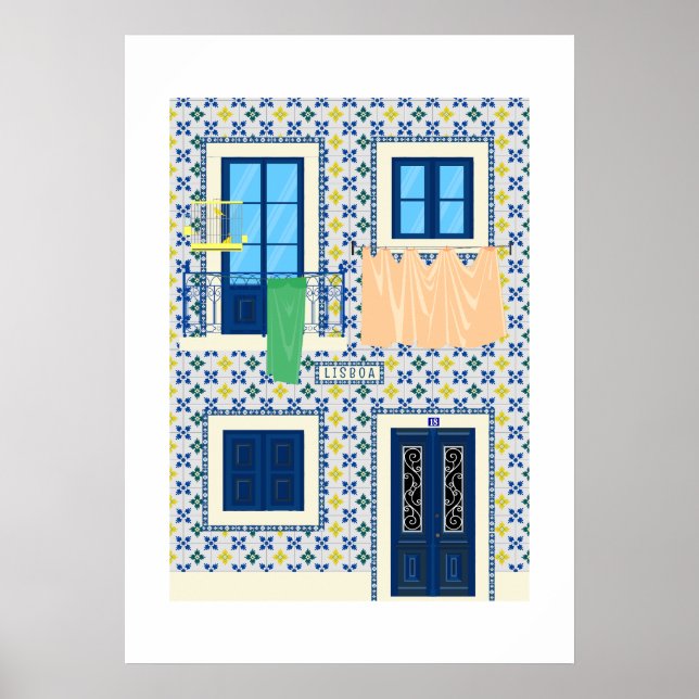 Portugisiska huset med plattor och fågel poster (Framsidan)