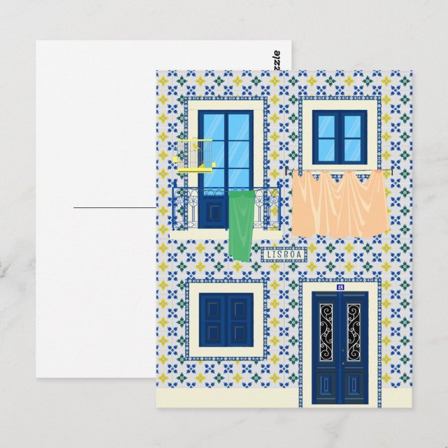 Portugisiska huset med plattor och fågel vykort (Fram/baksida)