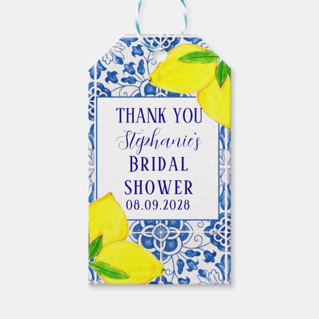 Portugisiska kakel citron Medelhavet Bröllosdusch Presentetikett (Framsidan)