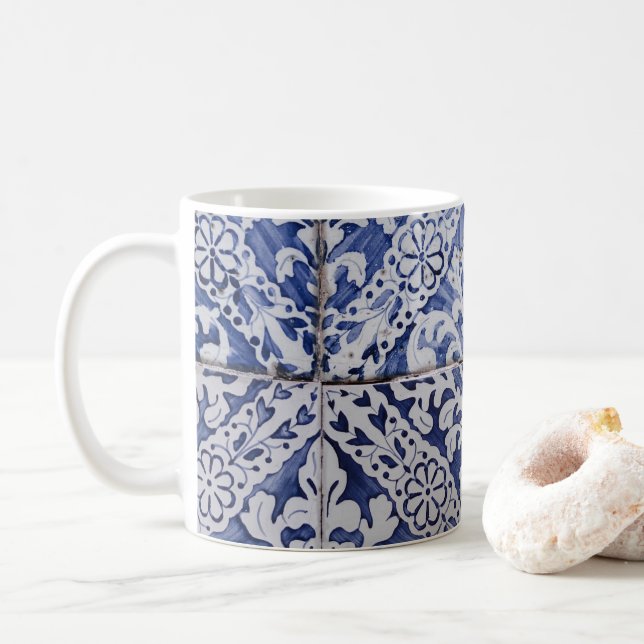 Portugisiska plattor - Azulejo Blue and White Blom Kaffemugg (Med munk)