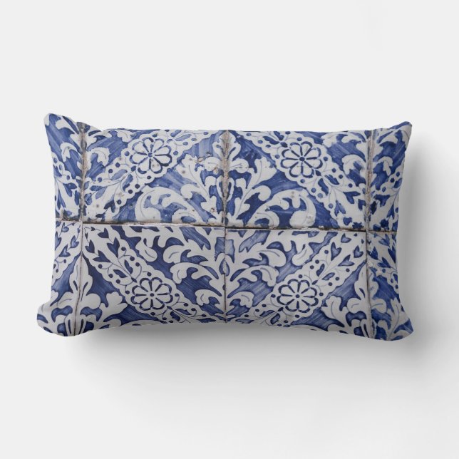 Portugisiska plattor - Azulejo Blue and White Blom Lumbarkudde (Framsida)