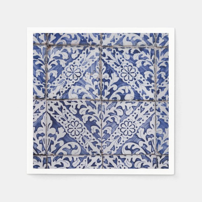 Portugisiska plattor - Azulejo Blue and White Blom Pappersservett (Framsidan)