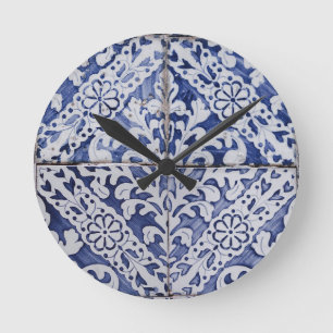 Portugisiska plattor - Azulejo Blue and White Blom Rund Klocka