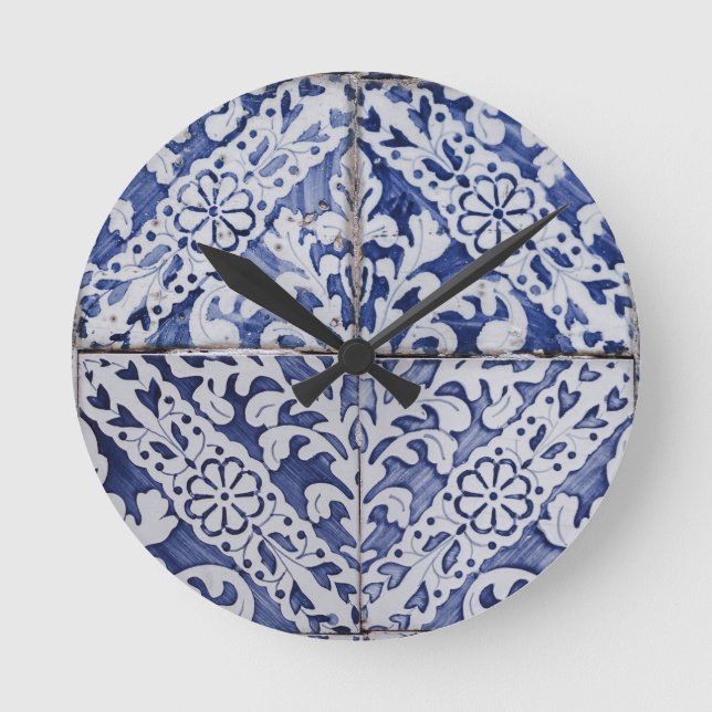 Portugisiska plattor - Azulejo Blue and White Blom Rund Klocka (Framsida)