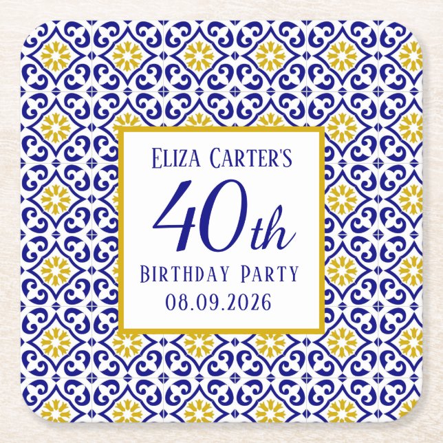 Portugisiska plattor Blå 40-årsdag Medelhavet  Underlägg Papper Kvadrat (Framsidan)