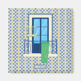 Portugisiska plattor och fönsterbalkonger med fåge magnet